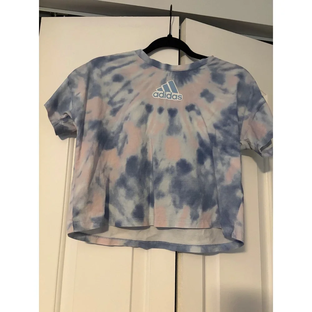 Adidas Kids Girls Tie Dye Crop T Shirt Top Blue Pink White Size M 10 12‎